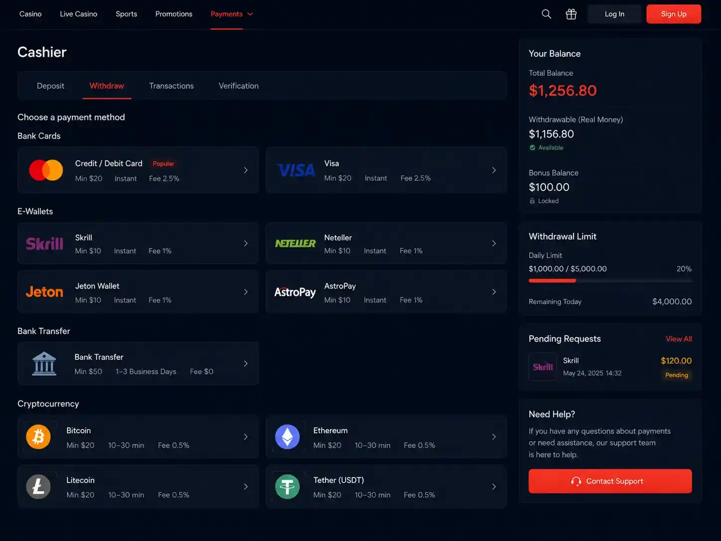 Depositi, pagamenti e prelievi su Casino N1Bet